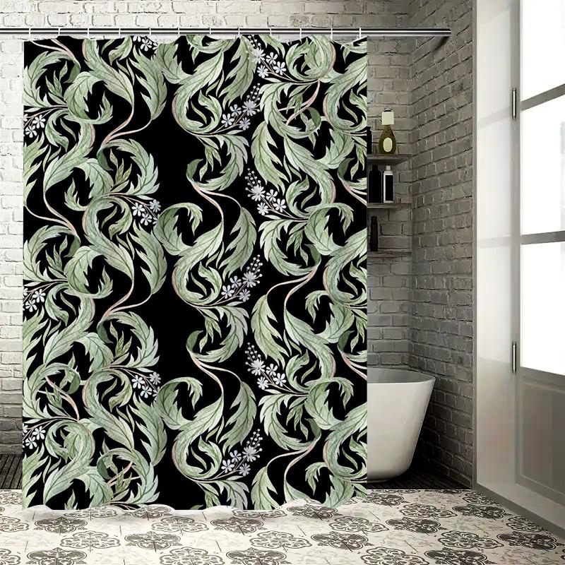 Modern Floral Green Leaf Bath Curtains for Bathroom Decor Black White Shower Curtain with Metal Hook Rings Set