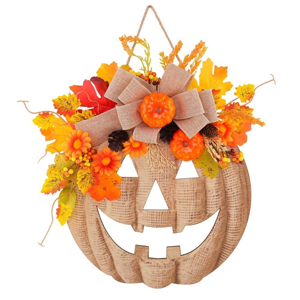 with Bow Halloween Wooden Pumpkin Door Hanger Harvest Maple Leaf Hanging Plaque Autumn Harvest