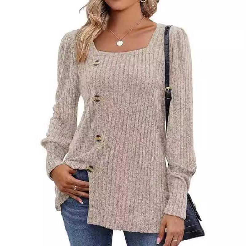 2026 Women's Spring/Summer Casual Ribbed Square Neck Long Sleeve Slit Sweater Top