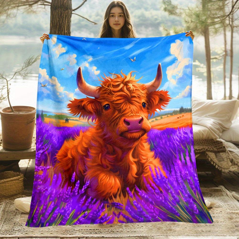 Colorful Highland Cow in Lavender Field Flannel Blanket Scottish Farm Animal Art Bright Landscape Print Soft Warm Throw for Home