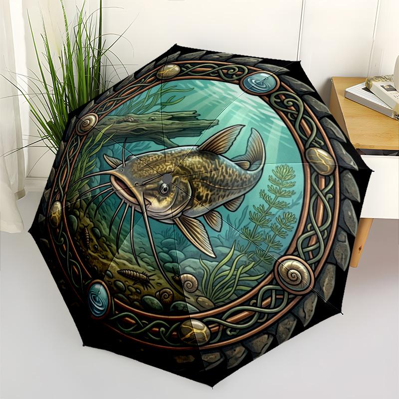 Underwater Catfish Scene pattern umbrella, portable and foldable design, 8 ribs, a casual accessory for Halloween, Christmas, and birthday gifts.