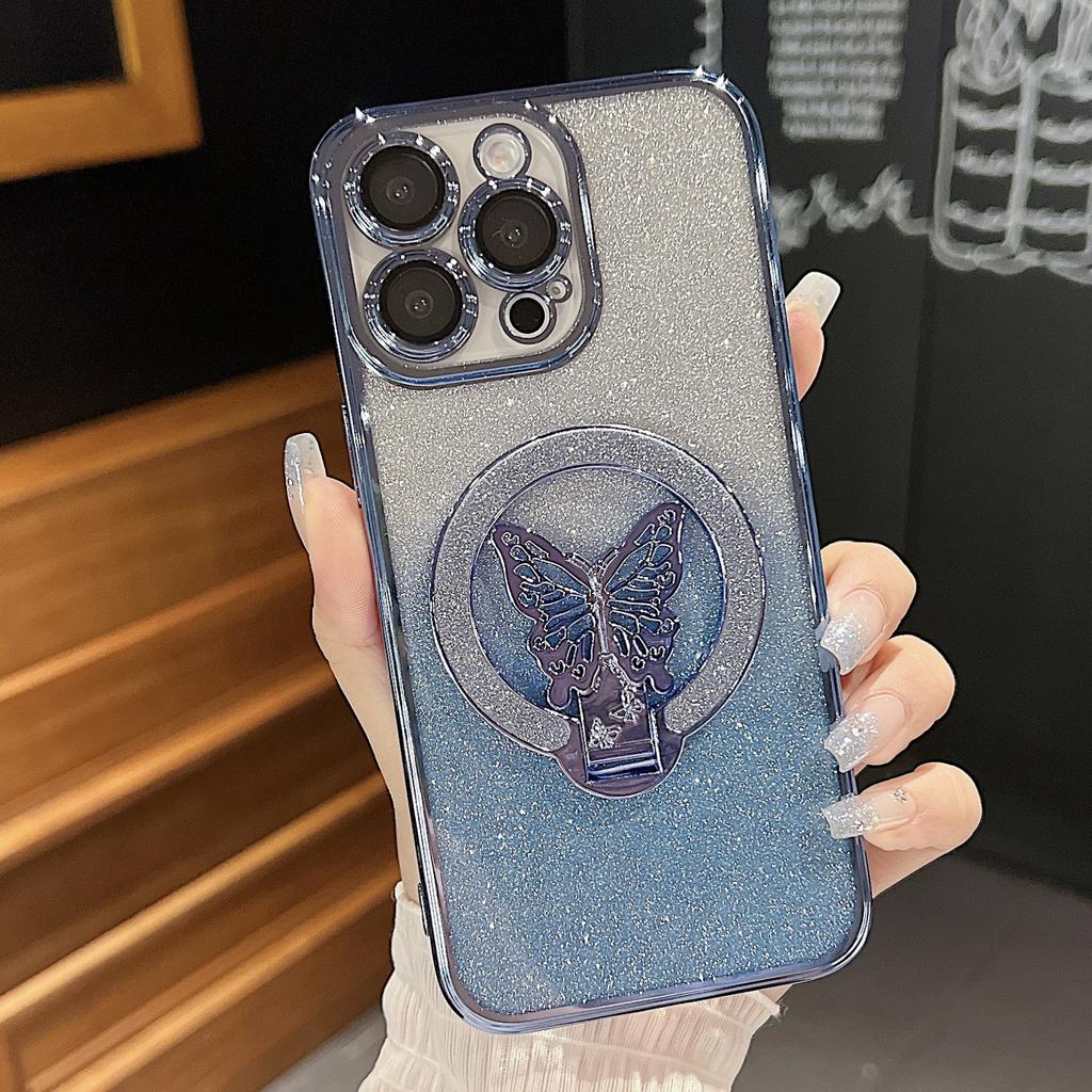 Для Apple 16 Чехол для телефона с кронштейном-бабочкой для IPhone 15 Promax Зеркальный с гальваническим покрытием Градиентный Блестящая пудра 14 Жесткий чехол