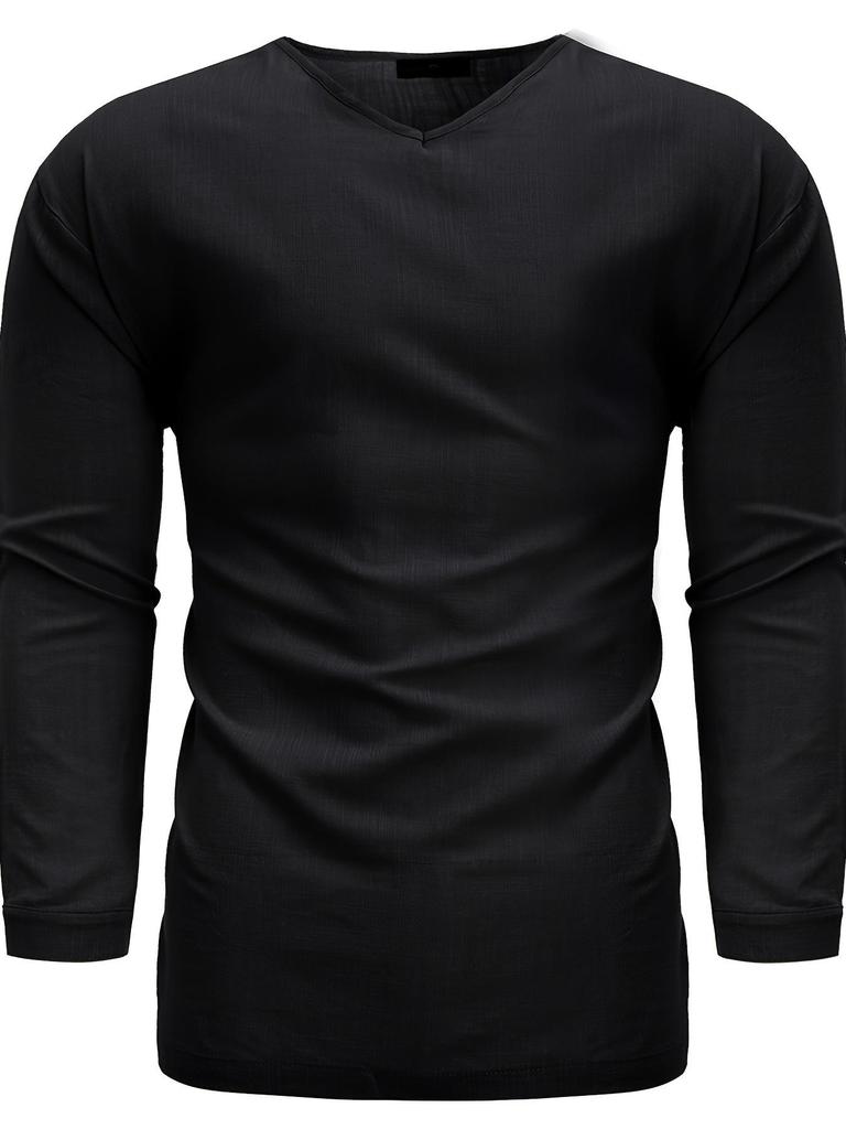 Мужская весенняя 2024 года повседневная рубашка с V-образным вырезом и длинным рукавом из льна и хлопка