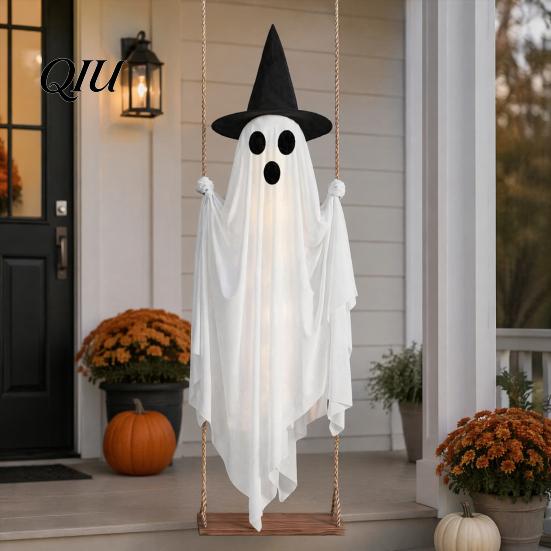 Swinging Ghost for Patio Trees Luminous Halloween Hanging Swing with Witch Hat, Remote-controlled Adjustable Durable Cloth Decoration Brightness,
