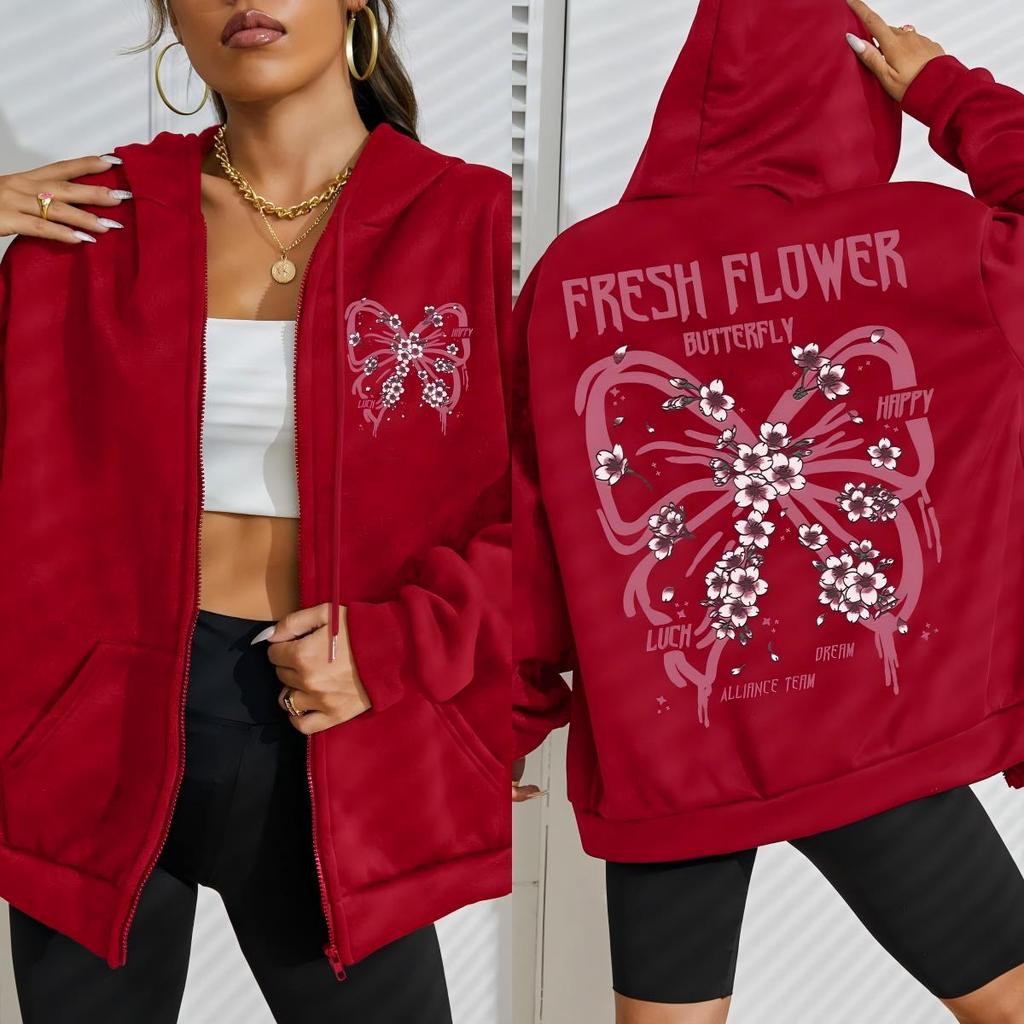 Женское худи на молнии с принтами бабочек и свежих цветов, хип-хоп флис, повседневная свободная толстовка, осень, удобная уличная одежда