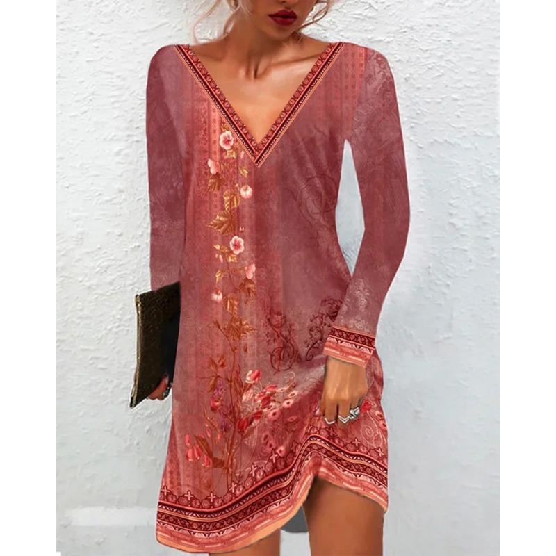 GMXIA Женская мода Лето Весна Национальная традиция принт V-образным вырезом Свободные повседневные платья