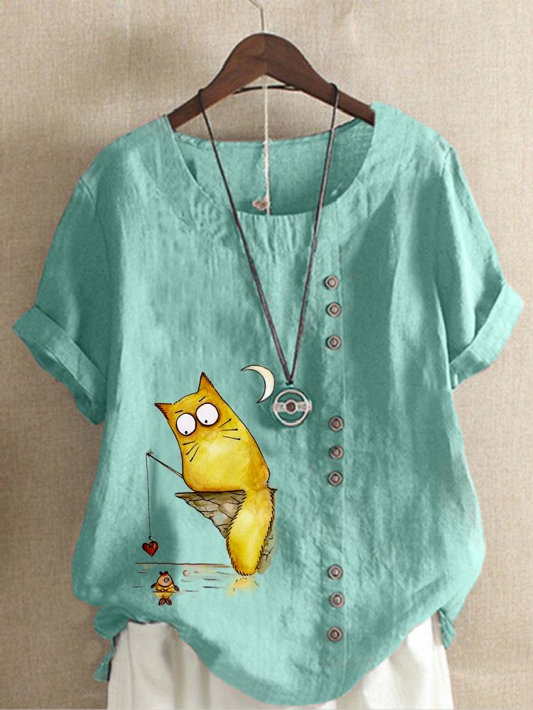 Women's Linen Shirt Round Neck Short Sleeve Cartoon Cats Printed T-shirt Summer Ladies Casual Plus Size Blouse Tops