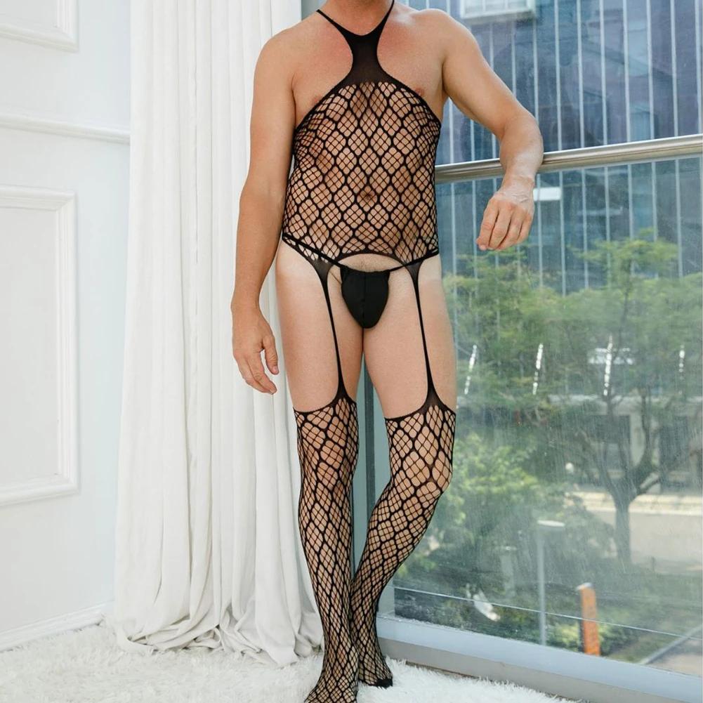 Мужское боди-чулок, боди, гей-сетка, полое нижнее белье Sissy, сексуальное кружевное прозрачное сеточное белье с поясом для чулок