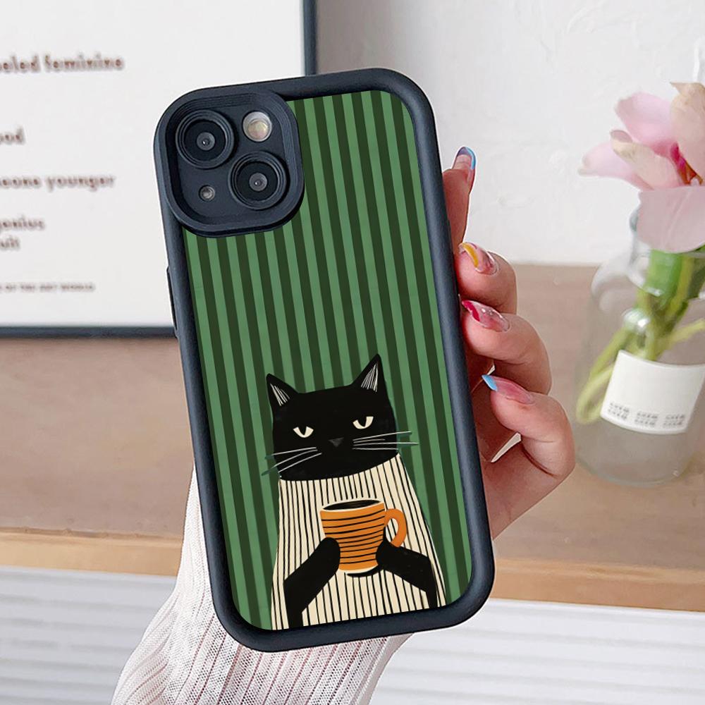 Милый Кофе-Кот Утолщенный ТПУ Чехол для Мобильного Телефона для iPhone 17 16 15 14 13 12 11 Air Pro Max Plus Цветной Чехол