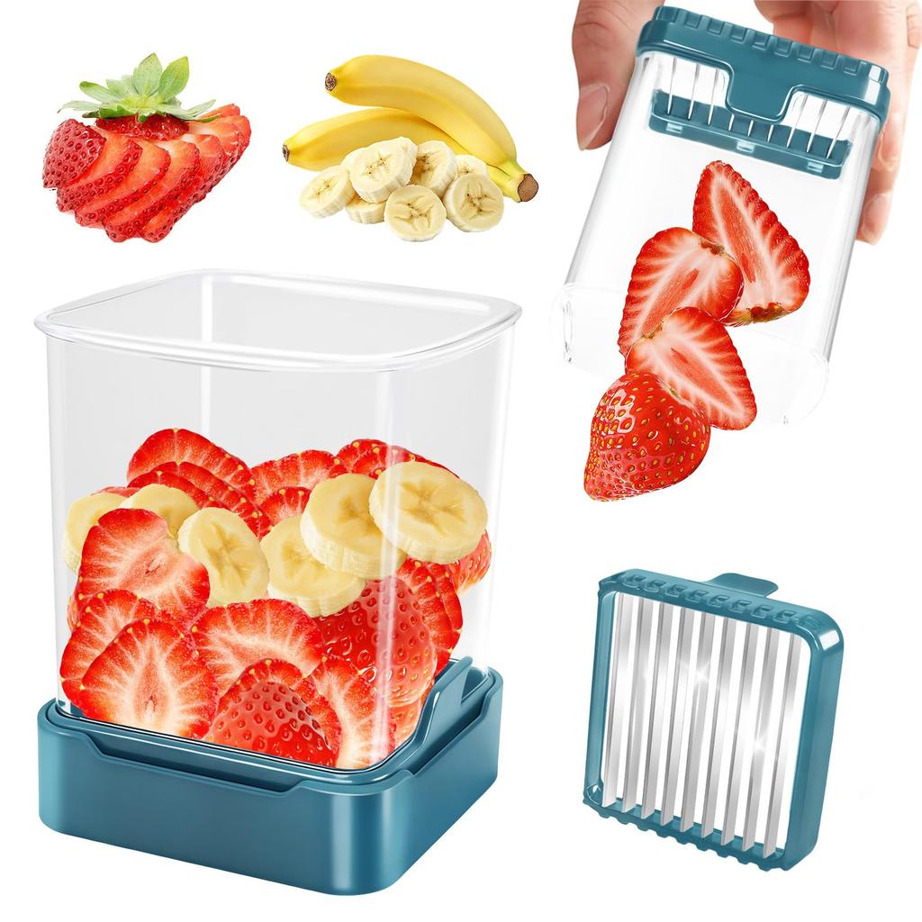 Fruit Slicer Cup for Strawberry, Banana, Hard-Boiled Egg - Detachable Cutter with Push Plate - 304 Stainless Steel Blade - Rapid & Safe Slicing
