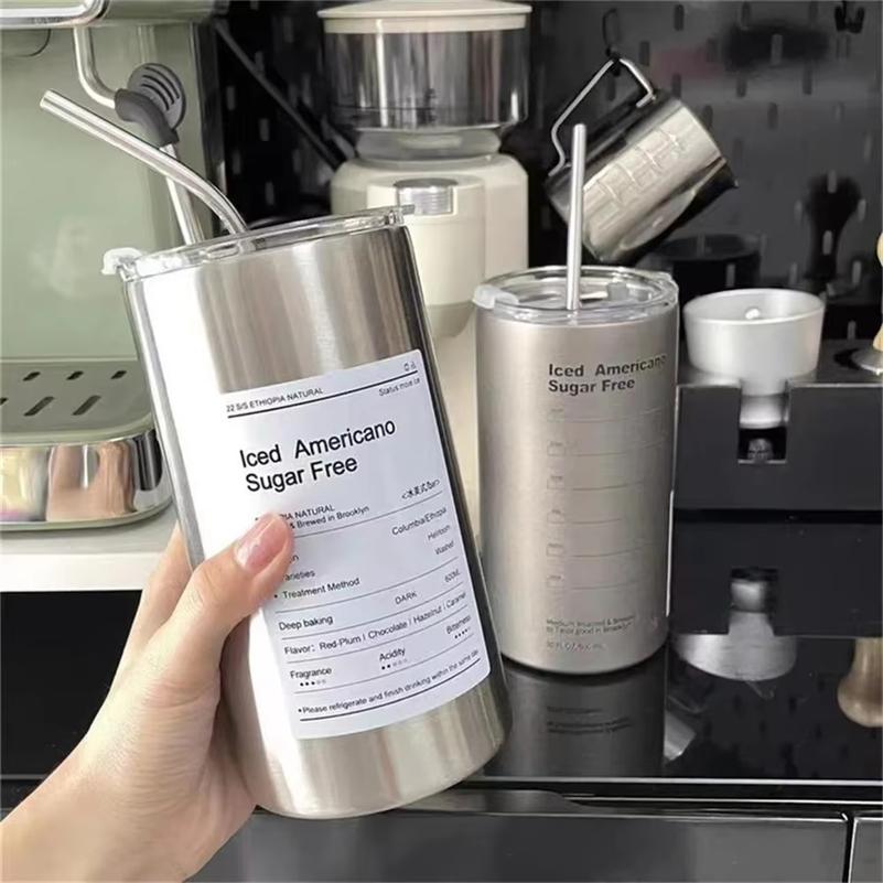 Portable 600ml Thermos Cup 304 Stainless Steel Coffee Mug Thermal Leak-proof Water Bottle with Straw Insulated Bottle Drinkware