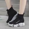 Flying Woven Elastic White Shoes Women 'S Spring And Autumn New Style With Newspaper Bottom High -Top Shoes High -Heeled Muffin Socks Shoes Trend