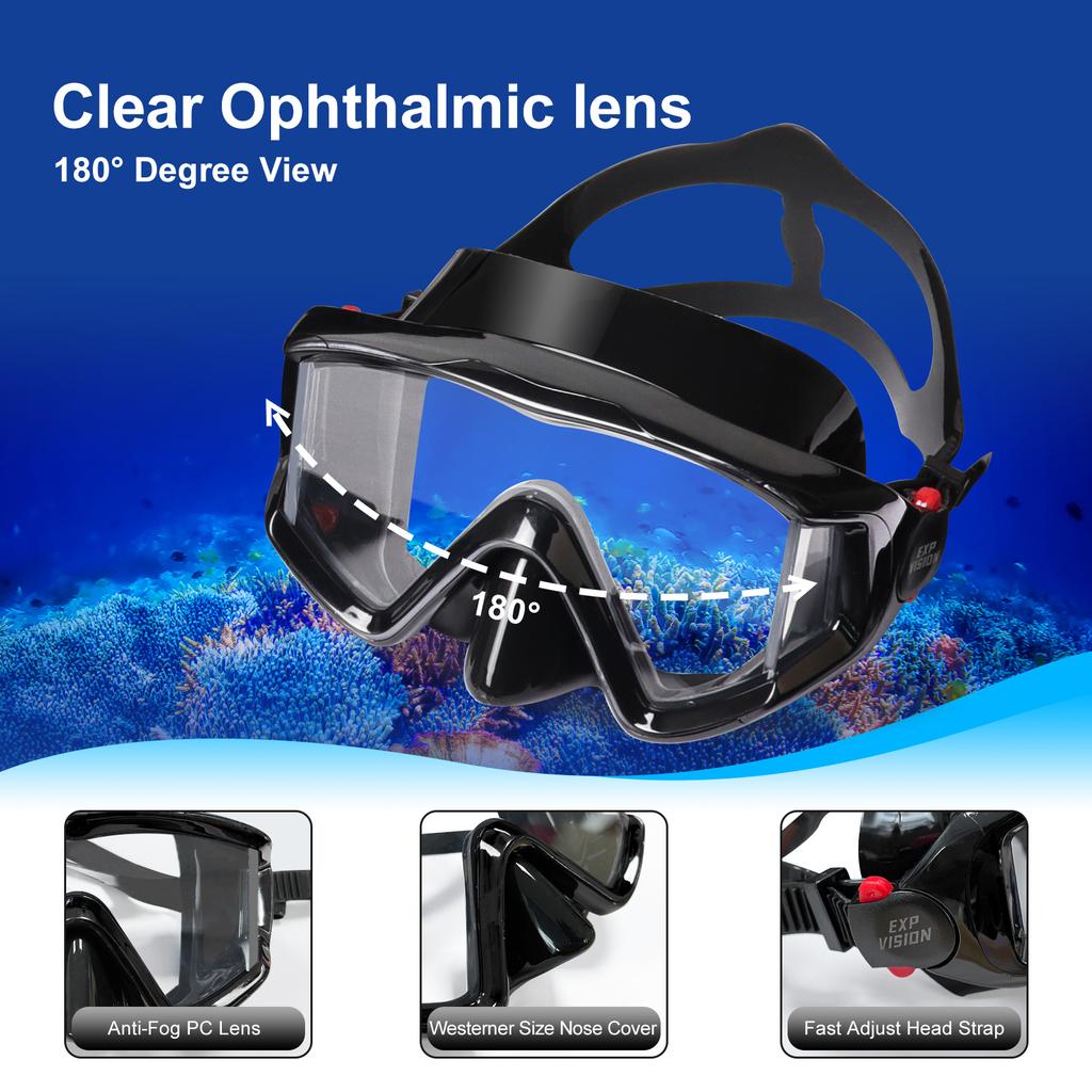 Dry Snorkel Set,  3 Window Snorkel Mask, Anti-Fog Scuba Diving Goggle and Snorkel, Adult Snorkeling Swim Mask with  PC  Lens