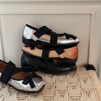 Версия из овчины~ Спортивный стиль ретро серебристые туфли-балетки с квадратным носком, ремешок с бантом, плоские туфли Мэри Джейн, женские