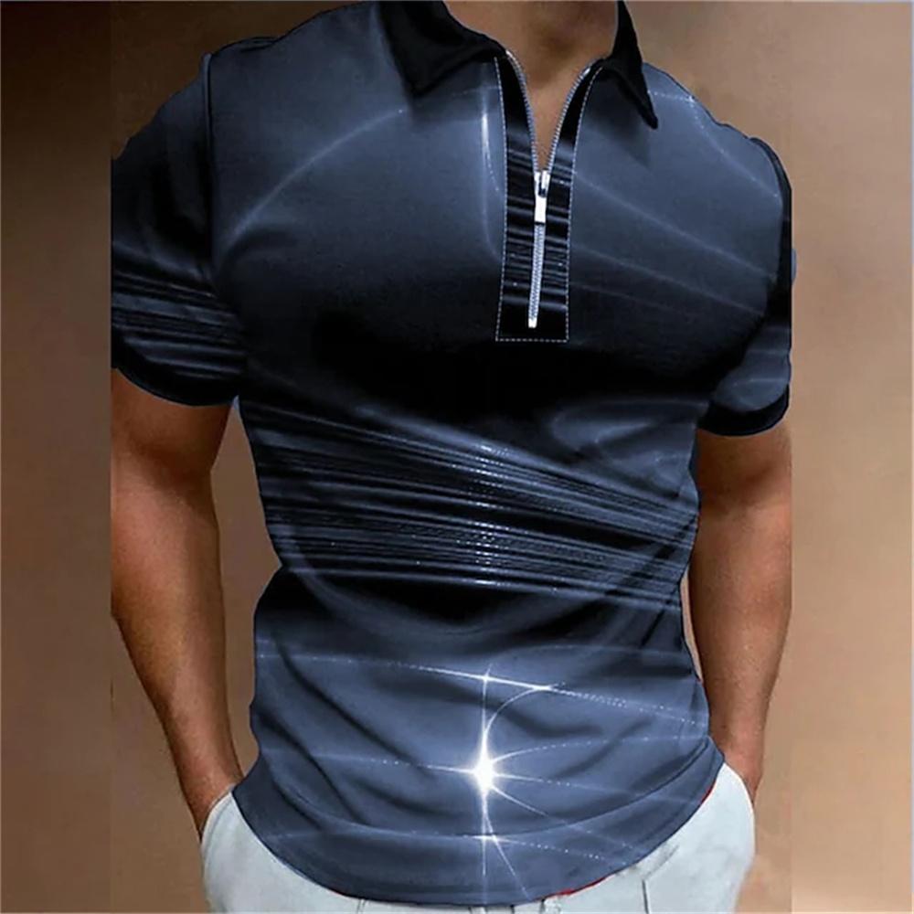 Men's Fashion, Casual Collar and Zipper Bar, Staircase Printed Golf Clothing, Short Sleeved T-shirt