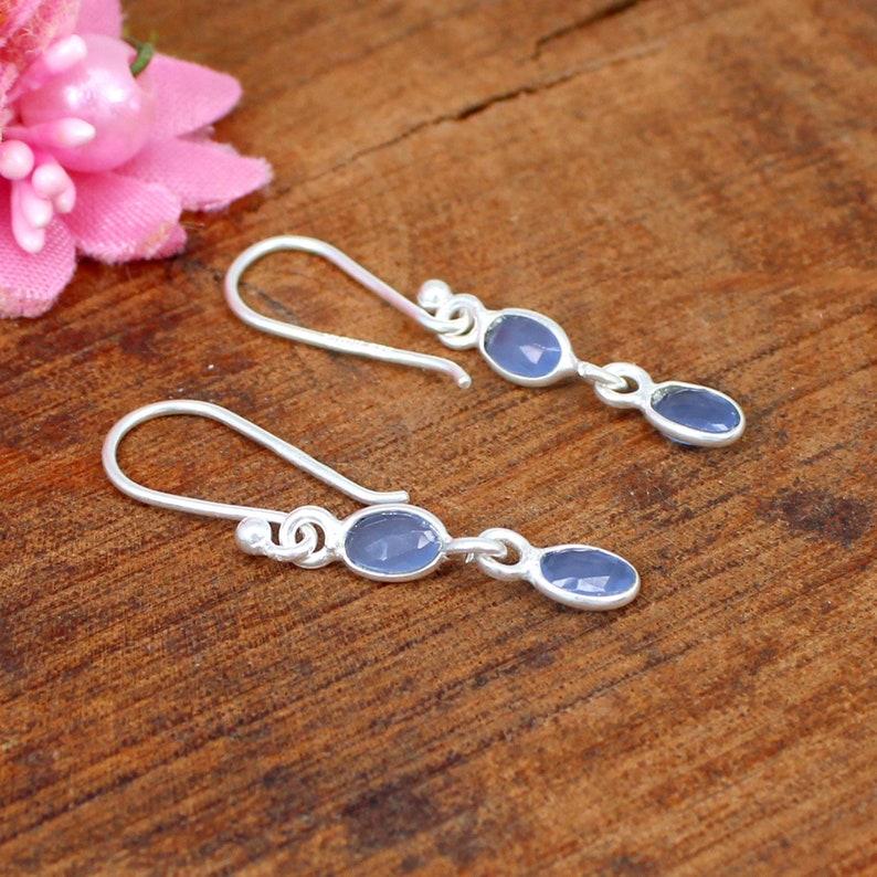 Solid 925 Sterling Silver Blue Chalcedony handmade Dangle Drop Earring Gift For Her