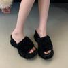 Muffin Thick-soled High-heeled Slippers for Women's Autumn and Winter New Fashion Shows Long Legs, and Fluffy Wedge Slippers Are Worn Outside.