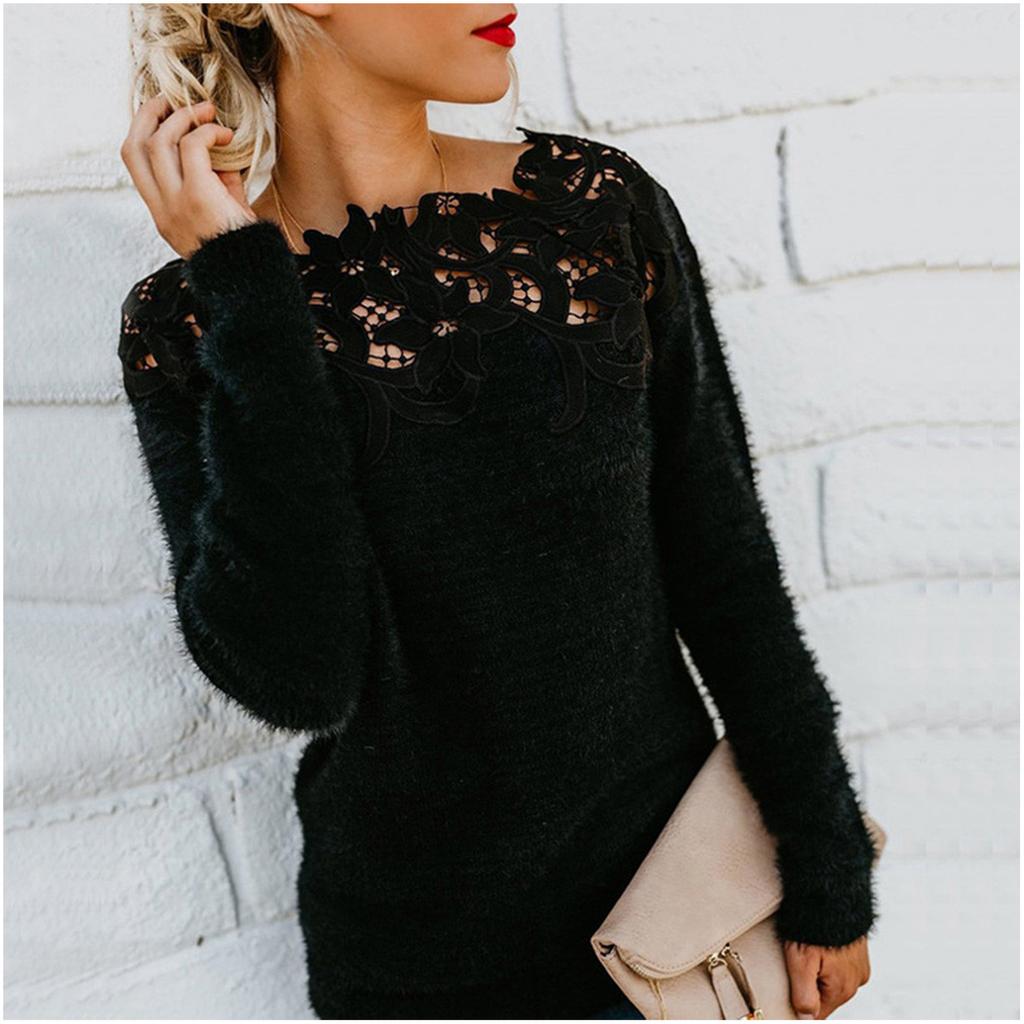 Women's Fashion Casual Solid Color Lace Stitching One-neck Lace Long-sleeved Sweater
