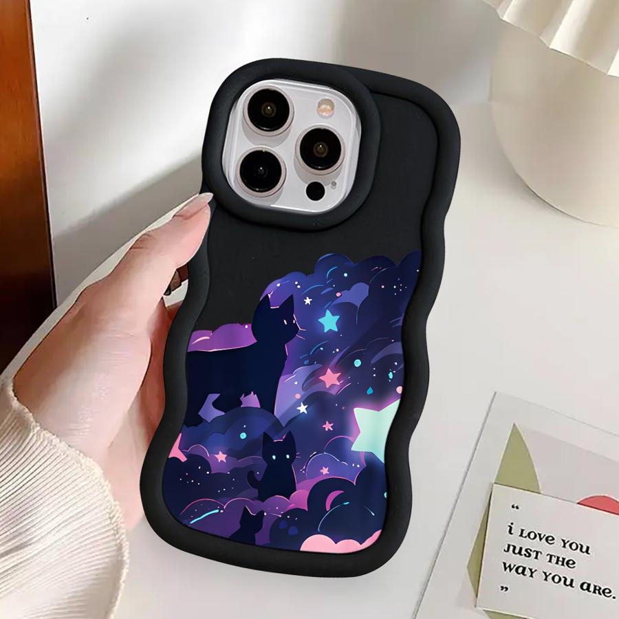 Чехол для iPhone 16 Pro Max XR 17 Air 15 Plus 8 13 11 12 14 Мягкий чехол для телефона Черный кот Звездная ночь