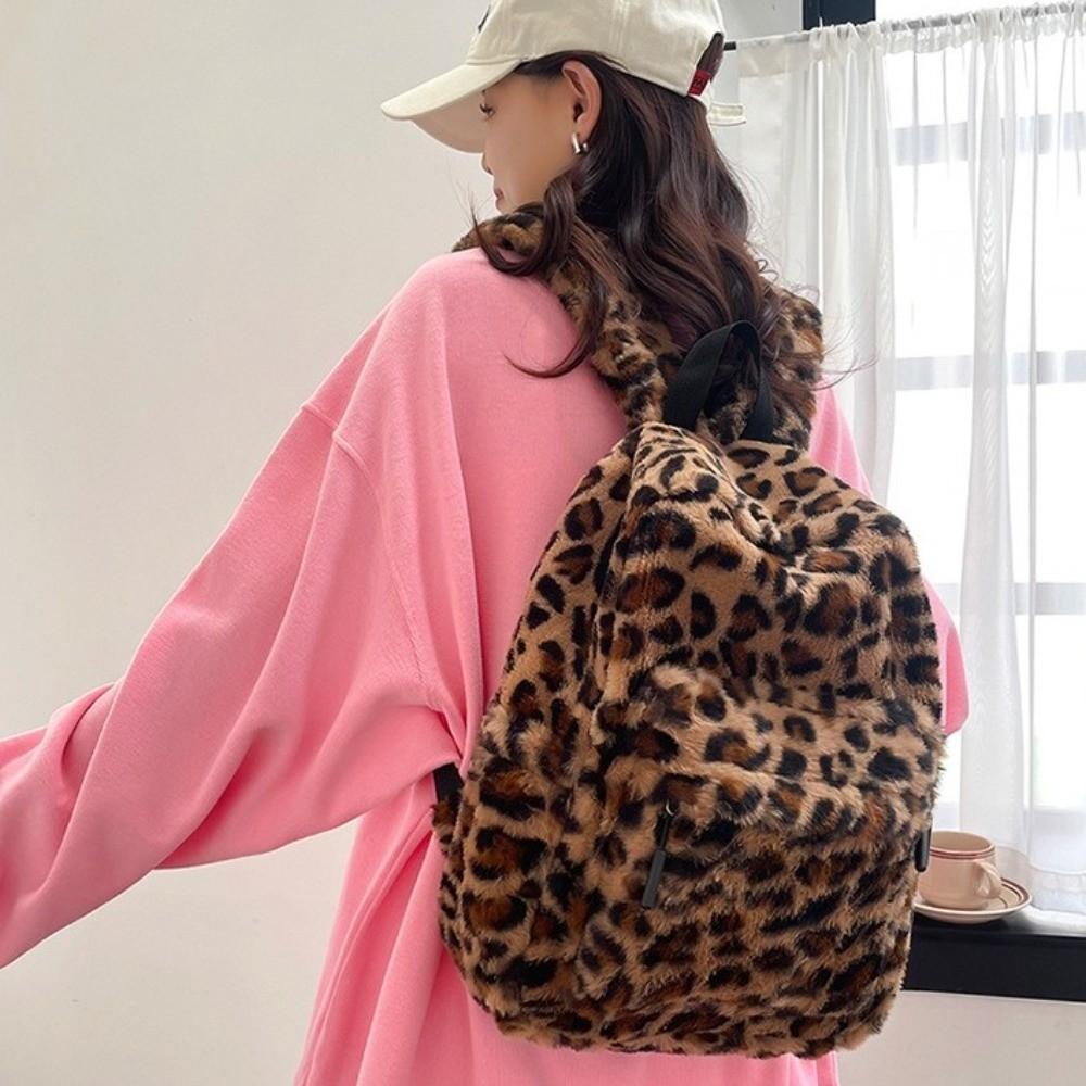 Plush Students School Bag Harajuku Students Daypack Portable Leopard Print Backpack Daily
