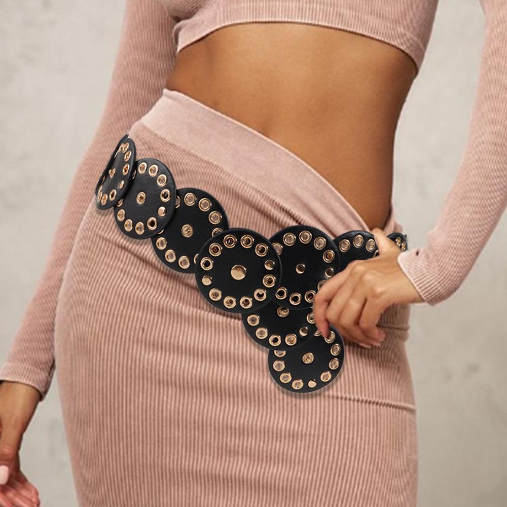 Y2k Rivet Wide Belt Retro Concho Waistband Adjustable Disc PU Hollow Belt Gift