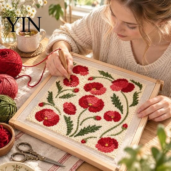 Wooden Picture Frame Included Floral Punch Needle Embroidery Kit with Frame, DIY Flower Art, Easy Set Tools Linen Fabric Starter Craft for Beginners,