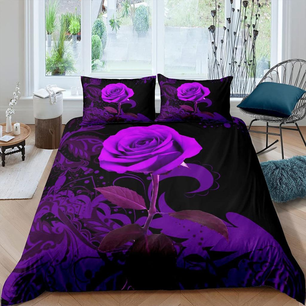 Purple Rose Duvet Cover Set Queen Size Romantic Flowers Bedding Set Valentine'S Day Floral Comforter Cover Lover Couple Gift