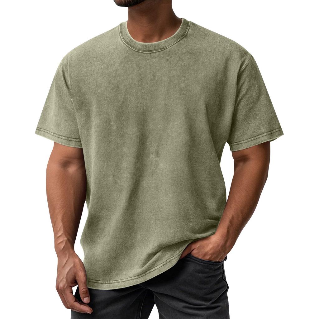 Men's Summer Retro Washed Round Neck Distressed Top Loose Short-sleeved T-shirt