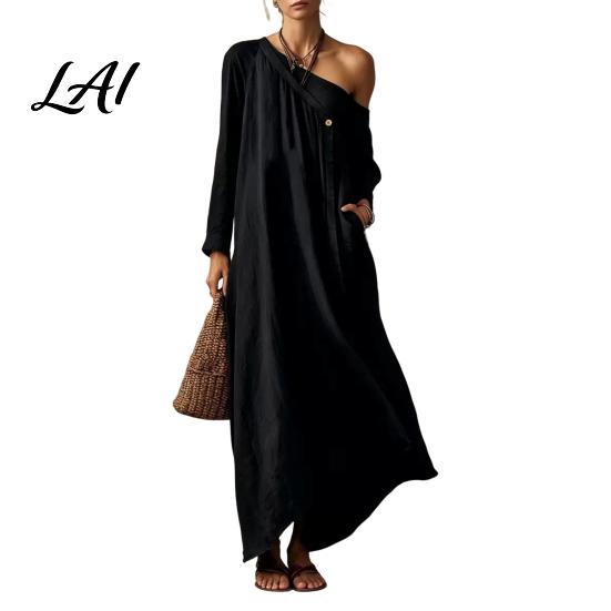 Beach Dress for Women Summer Maxi Women Casual Loose One Shoulder Long Retro Style Sleeve Dress Flowy Vacation Sundress wwith Pockets Mid-length