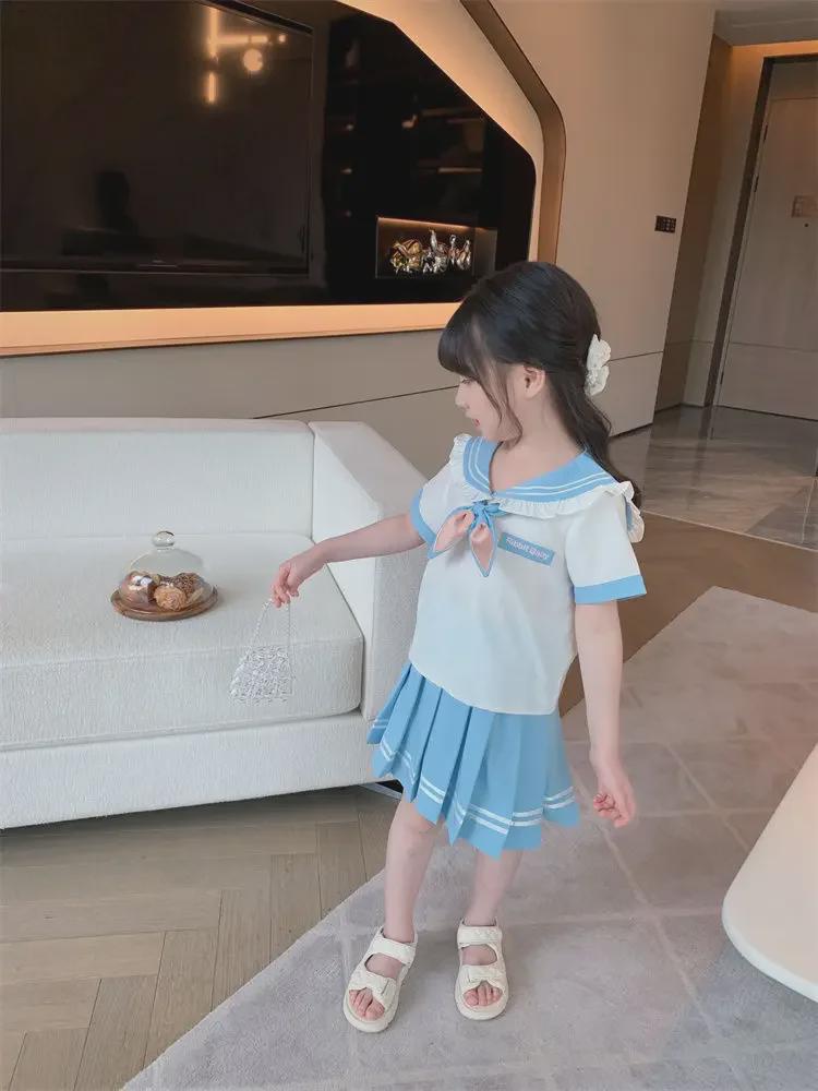 Корейский женский костюм в стиле JK с коротким рукавом для колледжа: Летний комплект из двух предметов: юбка в складку и рубашка для детей