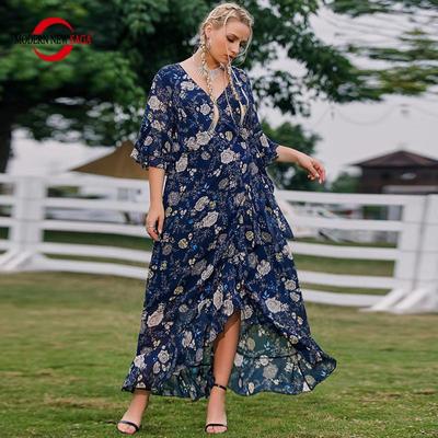 Женское платье Лето с коротким рукавом Женские длинные платья Повседневное платье макси Богемный принт с v-образным вырезом Платья больших размеров