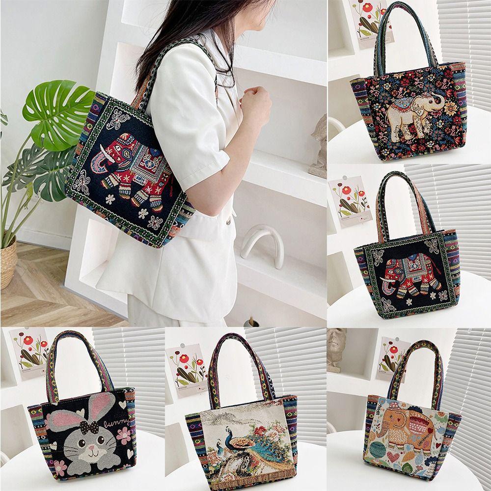 Peacock Canvas Tote Bag Embroidery Elephant Handbag Simple Ethnic Style Handbag Grocery Handbags