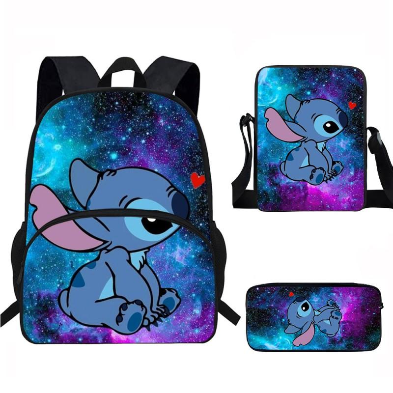 Stitch Kids School Backpack Set Elementary Students Oxford Fabric Ergonomic Design Printed Cartoon 3-Piece Bundle