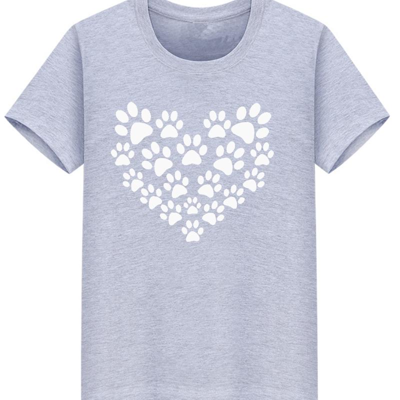 Cotton 100% Women's Heart-shaped Dog Footprints Fun Print Dog Lover Round Neck Short Sleeve Sport T-shirt Tops Harajuku
