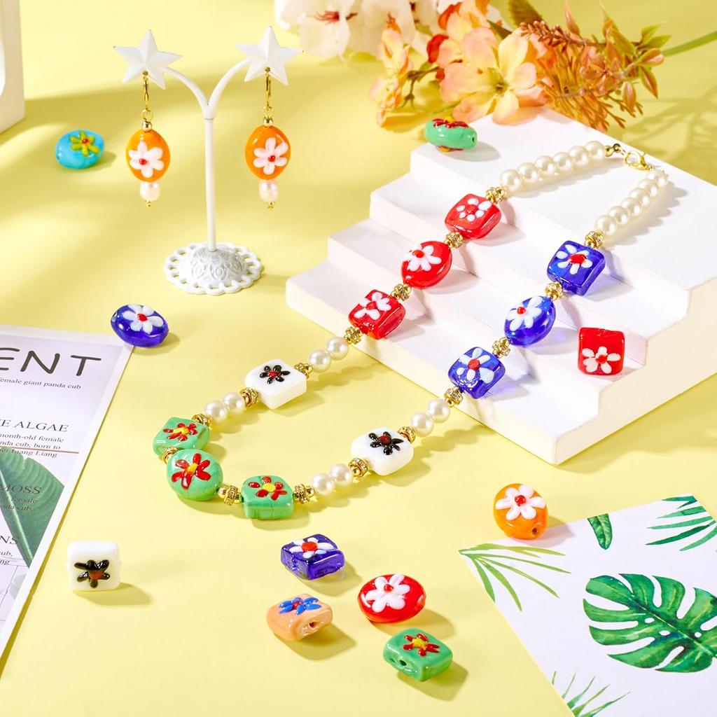 20 шт. Овальные квадратные бусины лэмпворк ручной работы с цветочным узором, разноцветные стеклянные бусины лэмпворк миллефиори, милые цветочные плоские овальные кубические бусины-разделители для DIY