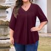 Women's Fashion Large Size Solid Color V-Neck Three-quarter Sleeve Top