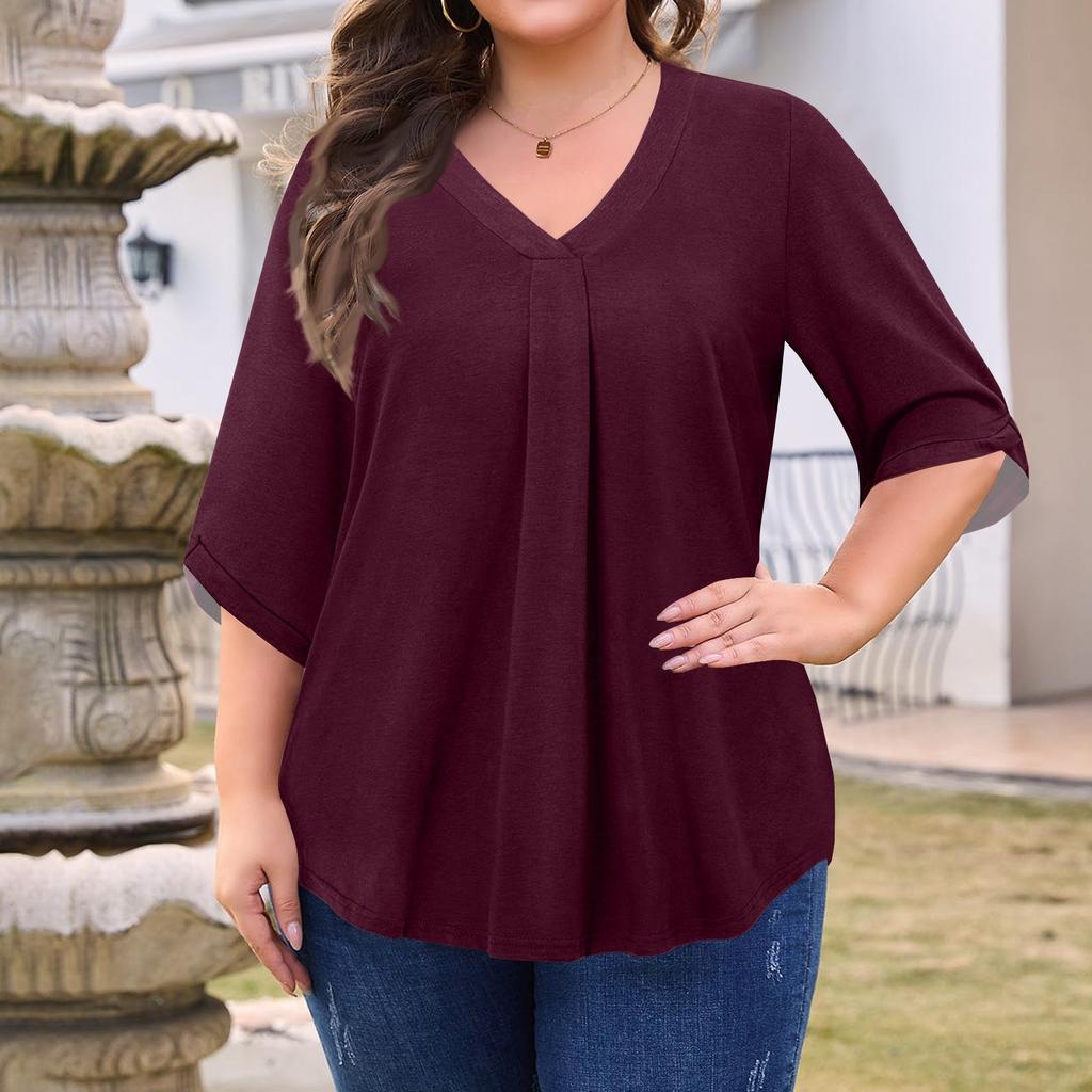 Women's Fashion Large Size Solid Color V-Neck Three-quarter Sleeve Top