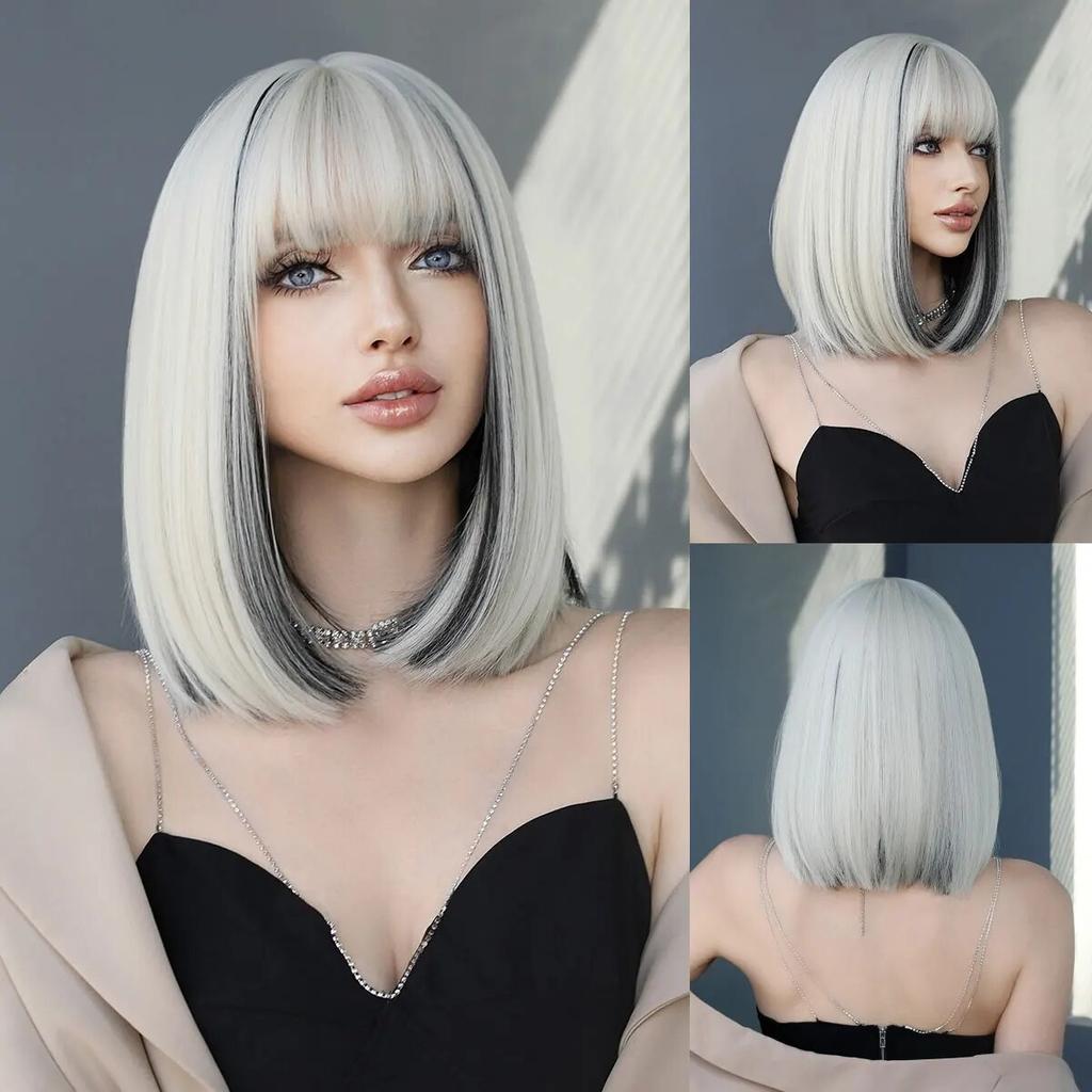 Черный с белым парики Боб с челкой Короткие прямые парики для женщин Основные моменты Парик Косплей Вечеринка Blackpink Корейский парик