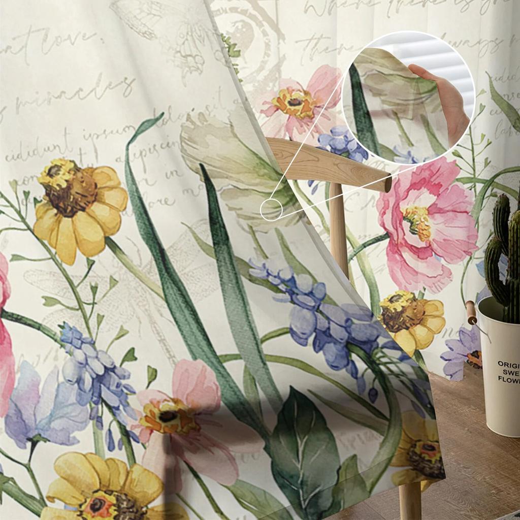Spring Flowers Plants Wildflowers Sheer Voile Window Curtains Tulle Curtains Living Room Balcony Decoration Drapes