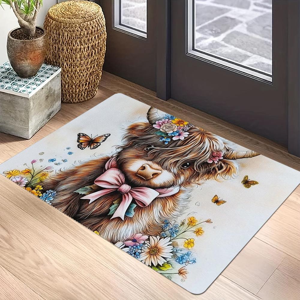 Highland Cow Doormat Teal Rustic Wood Western Cattle Rug Washable Non Slip Cute Animal Floor Mat Welcome Front Door Home Decor