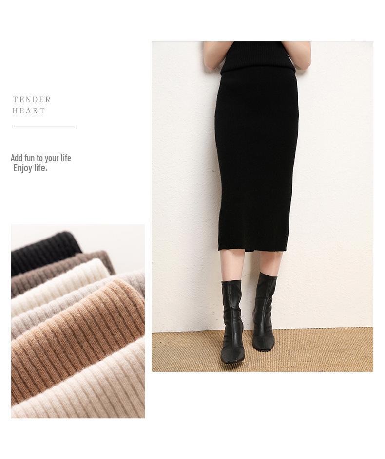 Женская шерстяная трикотажная юбка средней длины с высокой талией — большой размер, толстая резинка, зимняя модель без разреза.
