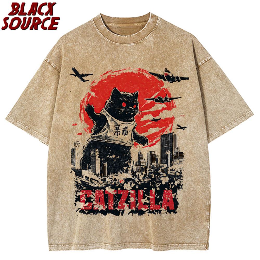 Забавная Катзилла Япония Кот Котенок Любитель Мужская Футболка Мужские Повседневные Футболки Летняя Футболка Оверсайз Футболка Мужская Хлопковая Футболка