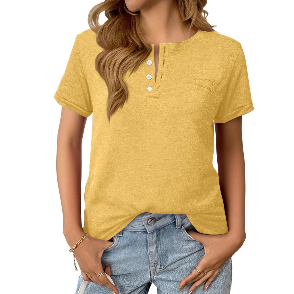 Women's Fashionable Casual Summer V-neck Button Short-sleeved Top