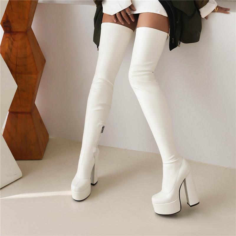 Женские сапоги на высоком каблуке, сексуальные, в европейском и американском стиле, водонепроницаемые, на толстом каблуке, однотонные, большого размера, до колена