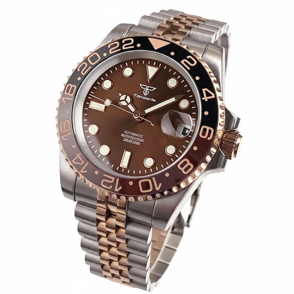 Tandorio New 40mm Red Sunburst Dial Automatic Mechanical Watch For Japan NH35 Sapphire Glass 20ATM Luminous Rose Gold Men Watch