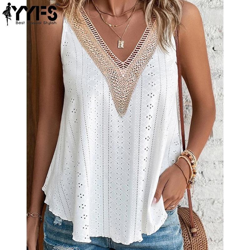 YYFS Женские модные повседневные летние весенние однотонные блузки и рубашки без рукавов с v-образным вырезом и принтом