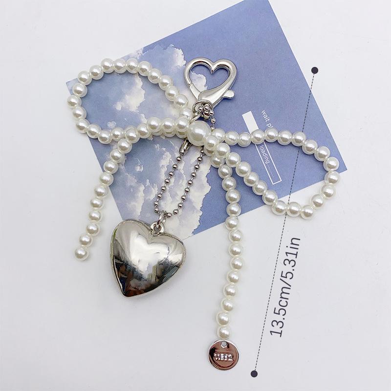 Ins Style Bowknot Pearl Beaded Key Chain Silver Love Phone Chain Headphone Case Pendant Ccd Lanyard Charms Bag Decor