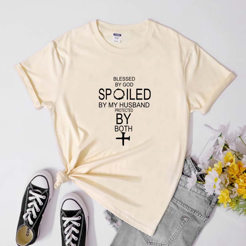 Blessed By God Spoiled By My Husband TShirt Sarcastic Motherhood Christian Bible Verse Tee Top Funny Mom Life Religion Tshirt