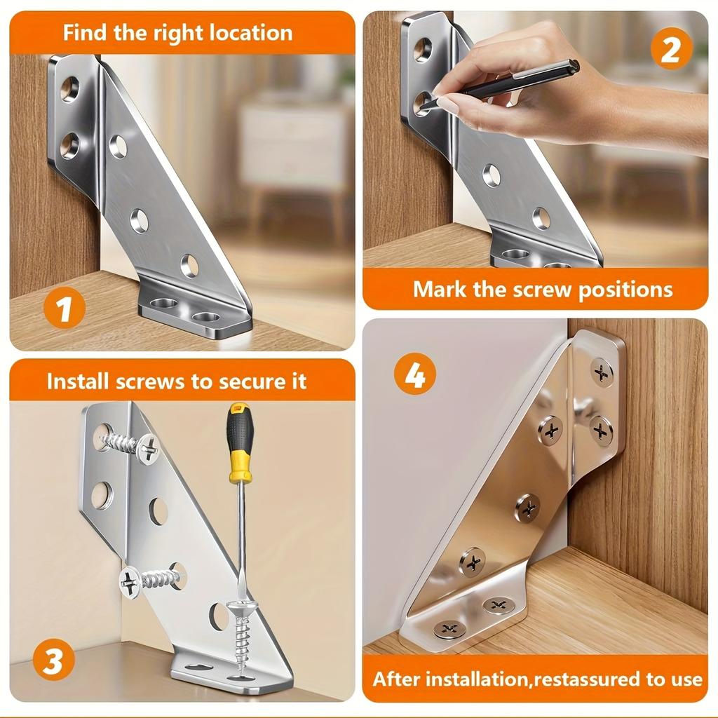 2/20set Corner Brackets Stainless Steel Furniture Angle Shelf Connector Cabinet Support Fixing Frame Corner Brace with Screw