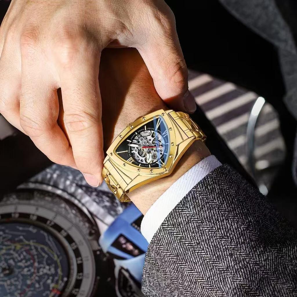 Автоматические мужские часы класса люкс из нержавеющей стали с треугольным циферблатом, механические наручные часы-скелетоны, водонепроницаемые, светящиеся часы